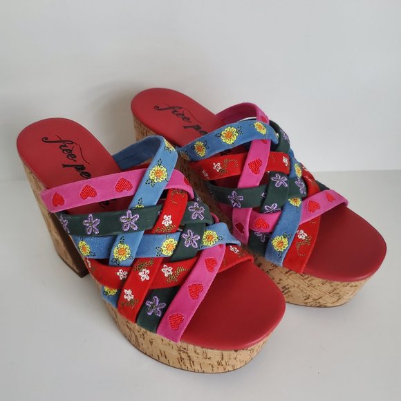 FREE PEOPLE Embroidered Woven  Leather Platform Slip Ons Cork Wedges Boho Mules - Picture 4 of 10